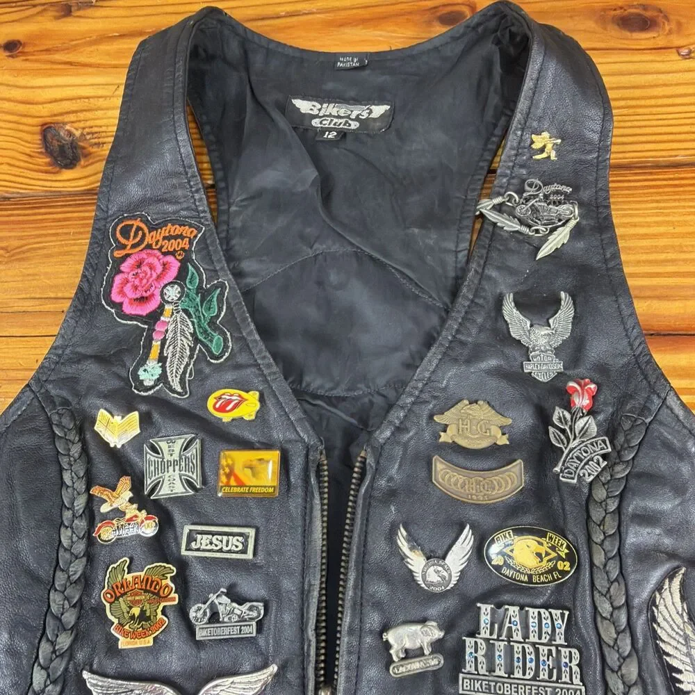 VTG 90's Black Leather Vest Harley HOG Pins & Patches Women Sz. 12